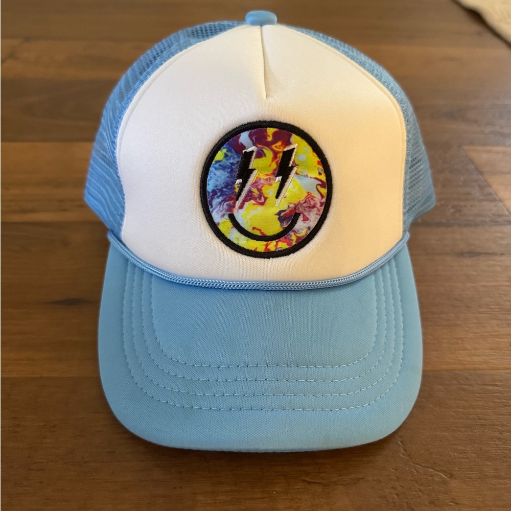 Light Blue Puffy Trucker Cap with Tie-Dyed Smiley Face Embroidery